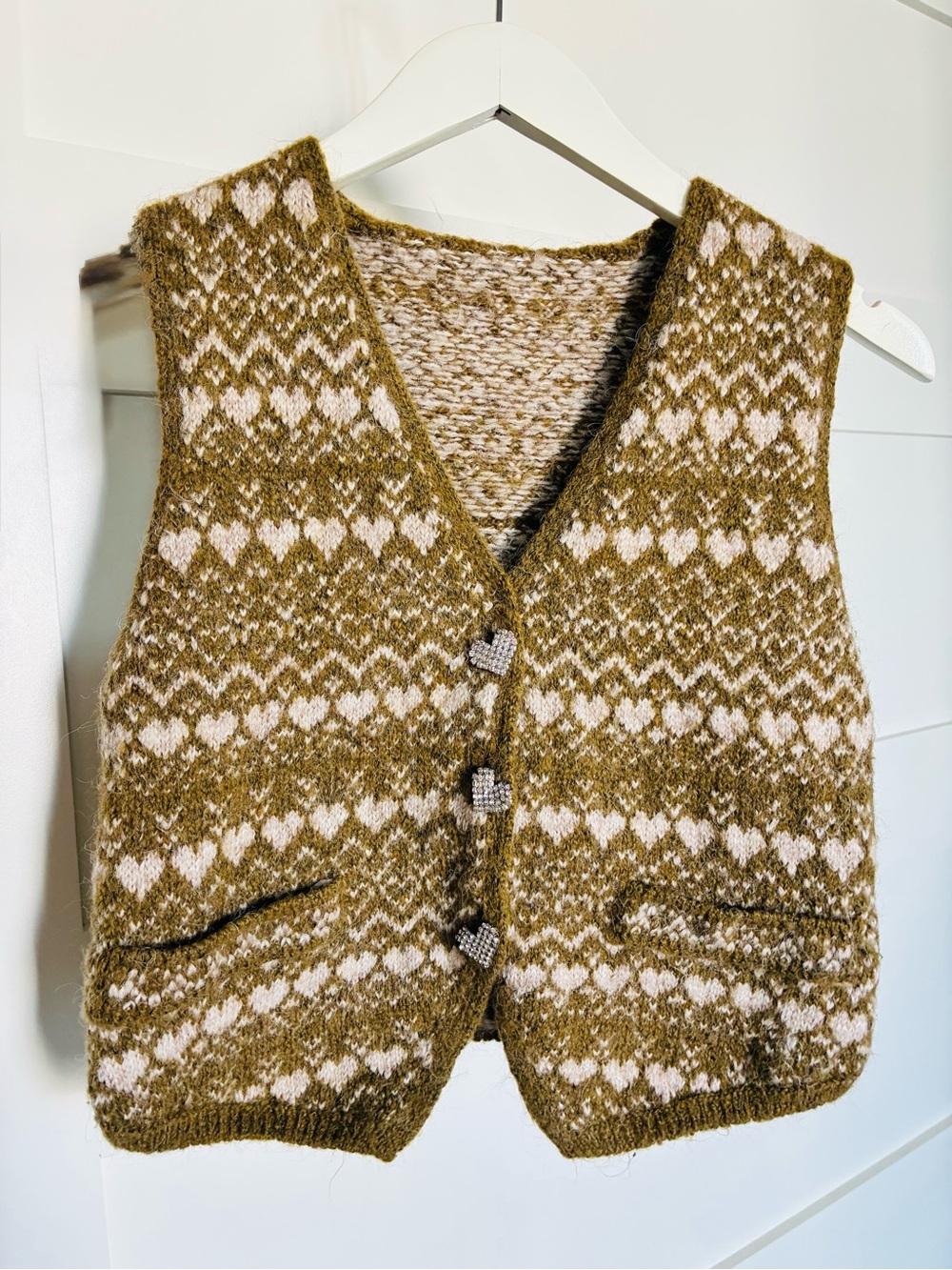 Zara XS Olive Green Heart Fair Isle Knit Sweater Vest Rhinestone Buttons